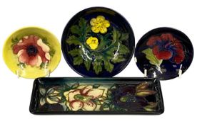 MOORCROFT BUTTERCUP PATTERN CIRCULAR FOOTED BOWL, 12cms (diam.); rectangular trinket dish, 20 x 8.