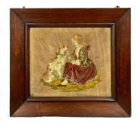 VICTORIAN WOOLWORK PICTURE of a young girl seated with dog, in period mahogany frame, 44 x 49cms