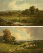 SIDNEY WATTS pair of oils on canvas - landscape with cottages and figures in foreground, and