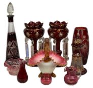 COLOURED GLASSWARE, 19th century and later, including a pair of ruby glass lustres, gilded and