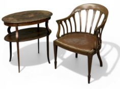 VINYL-UPHOLSTERED TUB-TYPE ELBOW CHAIR, 81 (h) x 57 (w) x 50cms (d); and an antique rosewood two-