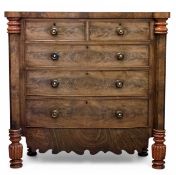 VICTORIAN WALNUT BOW-FRONTED CHEST of two over three drawers, with lower shaped apron and short
