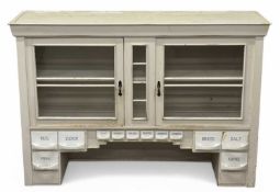 VINTAGE PAINTED GERMAN KITCHENETTE having labelled ceramic provision drawers, 98 (h) x 142 (w) x