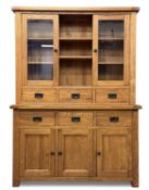 QUALITY MODERN LIGHT OAK DRESSER, with shelves, glazed doors, six drawers and three cupboard