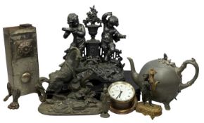 ASSORTED METALWARE, including pewter teapot, vintage paintbox, pair of cherubs on plinth, etc.