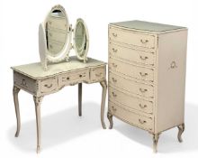 FRENCH PROVINCIAL STYLE BEDROOM FURNITURE, comprising six-drawer chest, 121 (h) x 76 (w) x 49cms (