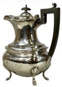 ELIZABETH II SILVER HOT WATER JUG of oval form, ebony handle and finial, Walker & Hall, Sheffield