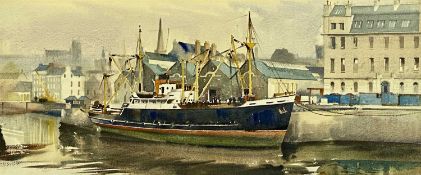 JOHN NICHOLSON watercolour - moored ship, 29 x 63cms Provenance: private collection Conwy