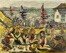 ‡ H. A. GRIFFITH oil on board - figures on beach with dog, signed and dated 1972 lower left, 40.5