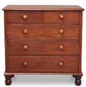 VINTAGE STAINED PINE CHEST of two over three drawers, with turned knobs and feet, 111 (h) x 111 (