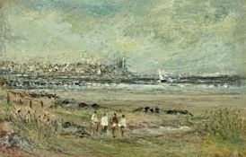 D. AGNEW small watercolour - shore scene with figures in foreground, signed lower right, 7.5 x 11.