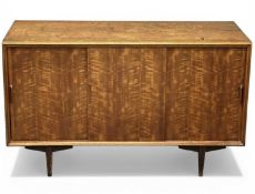 HEALS FIGURED TEAK SIDEBOARD (no label), with three sliding doors, interior drawer and shelf, 68 (h)