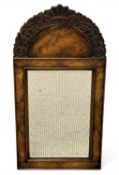 EARLY 20TH CENTURY BURR WALNUT WALL MIRROR, blind fret carved detail to the arched frieze, 85 (h)