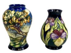 TWO MOORCROFT VASES, Wenlock Edge pattern, 16cms (h), and Heartsease pattern, 14cms (h), boxed