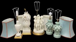 FIVE CONTEMPORARY CERAMIC TABLE LAMPS, comprising pair of green glazed with leaf decoration,