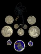 BRITISH SILVER COINS, two Victoria crowns, 1889 and 1891; Victoria half crown, 1887; George III