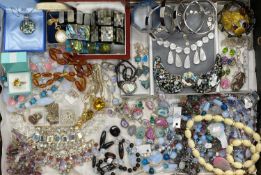 GOOD SELECTION OF COSTUME JEWELLERY, including amber-type necklace, various opalite bead