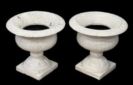 PAIR OF CAMPANA STYLE METAL GARDEN URNS / PLANTERS, on square bases, 50 (h) x 52cms (top diam.) (