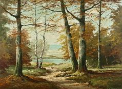 MODERN BRITISH SCHOOL oil on canvas - autumnal trees beside river, indistinctly signed lower