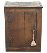 EARLY 19TH CENTURY OAK WALL CUPBOARD, two-plank door with brass knobs and two interior shelves,