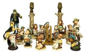 HUMMEL FIGURINES, including pair of table lamps, pair of bookends on wooden bases, with Royal
