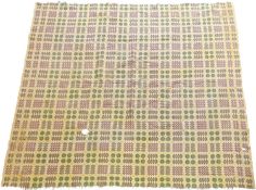 TRADITIONAL WELSH WOOLLEN BLANKET, cream, green, and beige geometric pattern, double sided