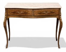 KINGWOOD TYPE TWO-DRAWER CONSOLE TABLE, serpentine front with marble top and gilt metal mounts, on