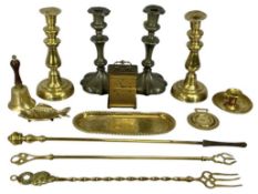 BRASS & METALWARE, including pair of pewter candlesticks, 26cms (h); pair of brass candlesticks with