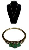 9CT GOLD PENDANT, CHAIN & RING, set with oval green stones, 4.2g gross Provenance: private