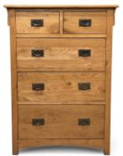 FINE MODERN OAK TALL CHEST of two small over three long drawers, 126 (h) x 92 (w) x 52cms (d)