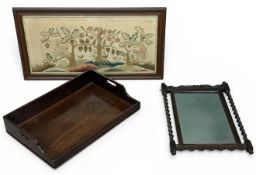EDWARDIAN TWIST-COLUMN WALL MIRROR, 69 x 45cms; butler's mahogany tray, 12 (h) x 69 (w) x 46cms (d);