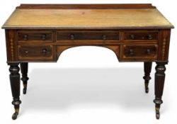 EDWARDS & ROBERTS EDWARDIAN MAHOGANY KNEEHOLE DESK, with inlay, five drawers, and rail back,