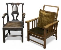 VINTAGE CHAIRS, mahogany farmhouse lyre-type splat-back elbow chair, and an oak reclining chair (