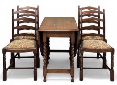 EDWARDIAN OAK BARLEY-TWIST GATELEG TABLE, 73 (h) x 54/151 (w) x 108cms (d); and set of four ladder-