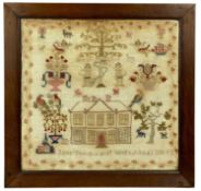 VICTORIAN WOOLWORK SAMPLER, 'Jane Thomas Her Work Aged 13 1851', featuring Adam and Eve, trees,