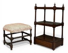 EARLY 20TH CENTURY THREE-SHELF MAHOGANY WHATNOT, 99 (h) x 57 (w) x 43cms (d); and an upholstered