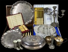 ASSORTED PLATED WARE, including oval tureen and cover, two circular trays, candelabra, boxed