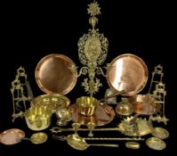 VARIOUS COPPER & BRASS including ornate twin candle wall sconce, brass, 66cms (h); sunflower