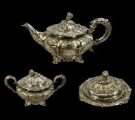 VICTORIAN PLATED TEAPOT & SUGAR BASIN of leaf design, covers with fruit finials, and circular plated