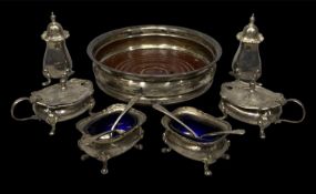 SILVER TABLEWARE, six silver condiments including open salts, lidded mustard pots, and