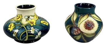 TWO MOORCROFT VASES, Albany pattern, 8cms (h), and Bumblebee pattern, 8cms (h), the latter boxed