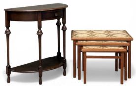 20TH CENTURY OAK DEMILUNE SINGLE-DRAWER HALL TABLE, with lower shelf, 76 (h) x 76 (w) x 38cms (d);