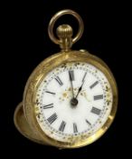 GOLD-CASED LADIES' FOB WATCH, white enamel dial with gilded floral detail and black Roman