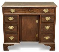 ANTIQUE-STYLE MAHOGANY KNEEHOLE PEDESTAL DESK, with brass swing handles, 71 (h) x 80 (w) x 38cms (d)