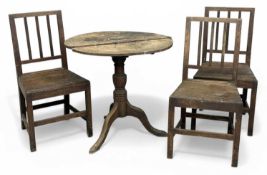 THREE FARMHOUSE CHAIRS, having spindle backs and an antique circular-topped oak tripod table, 73 (h)