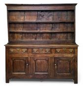 19TH CENTURY OAK WELSH DRESSER, three-shelf rack above base with three opening drawers over two