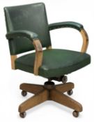 VINTAGE SWIVEL DESK CHAIR, Rexine upholstered, marked 'Hillcrest', on castors, 84 (h) x 61 (w) x