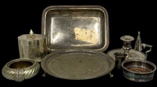 PLATED WARE, to include shaped oval tea caddy, lid with pineapple finial, engraved to front with