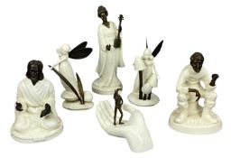 SIX MINTON CHINA & BRONZE FIGURINES, 'The Sage', 'Traveller's Tales', 'Geisha', 'Cowslip', '