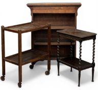 VINTAGE OAK OPEN THREE-SHELF BOOKCASE, 109 (h) x 91 (w) x 26cms (d); and two vintage tea trolleys (